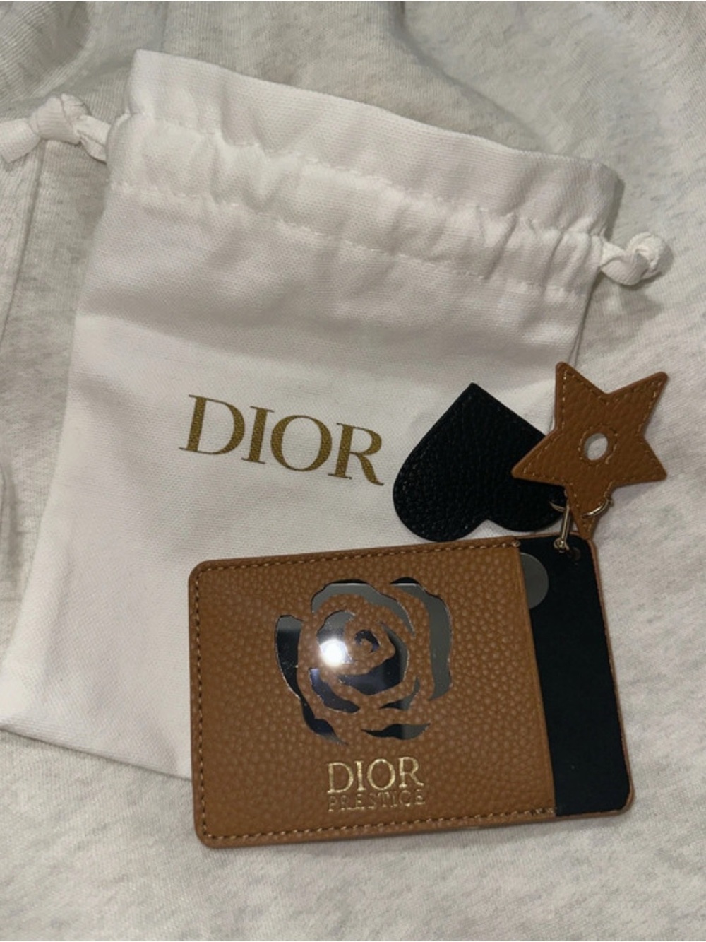 Dior Brown Card Holder with Star And Heart Charm With Dior Dusty Bag